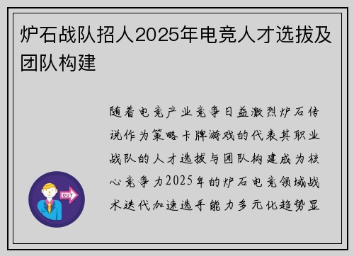 炉石战队招人2025年电竞人才选拔及团队构建