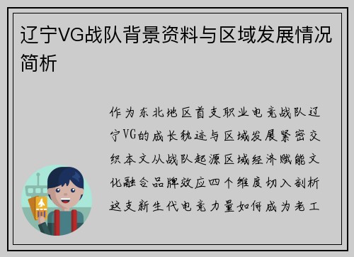 辽宁VG战队背景资料与区域发展情况简析