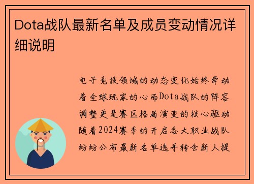 Dota战队最新名单及成员变动情况详细说明
